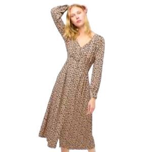 J Crew Button Front Empire Bodice A Line Leopard Long Sleeve Midi Dress Sz 0